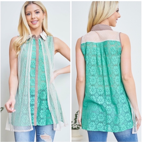 Ryu Crochet Jade High Collar Button Down Sleeveless Top. - Picture 2 of 6
